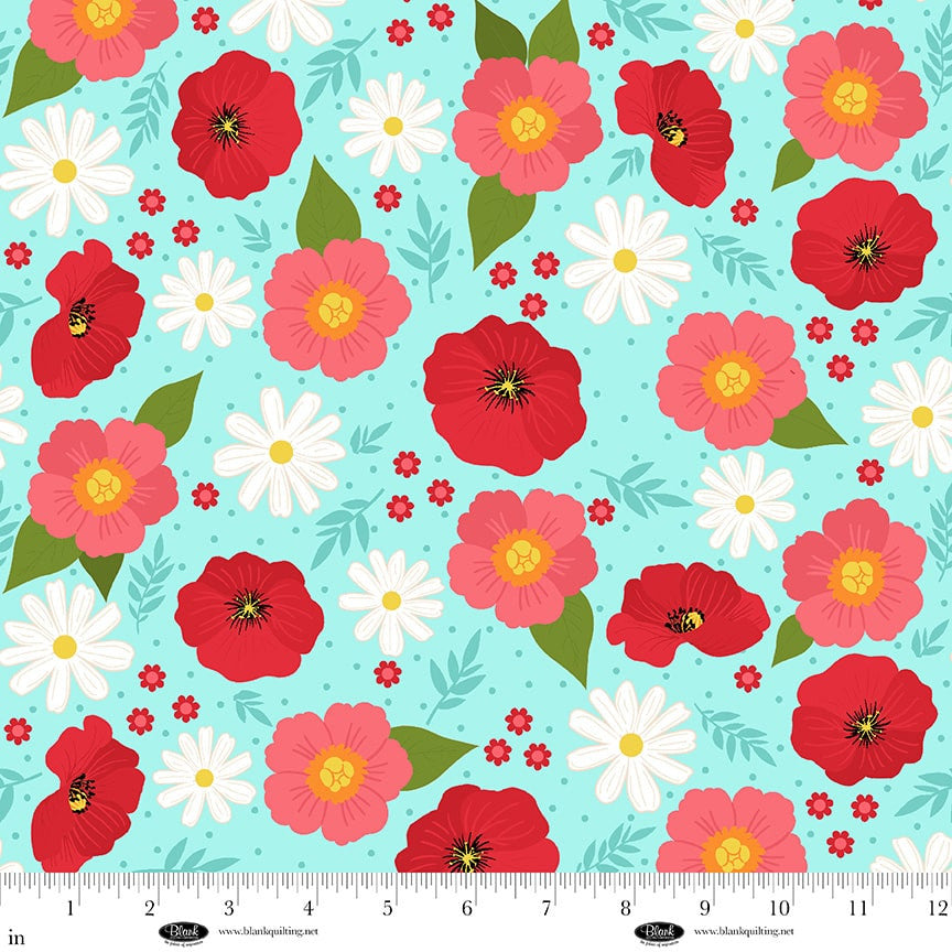 The Bright Side - Turquoise - Daisy and Poppy Flowers
