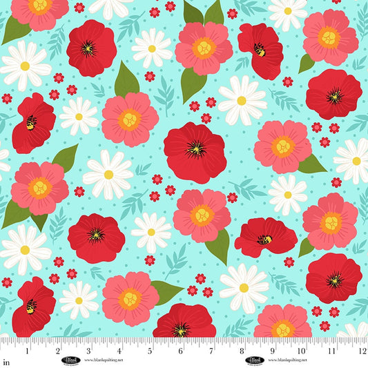 The Bright Side - Turquoise  - Daisy and Poppy Flowers