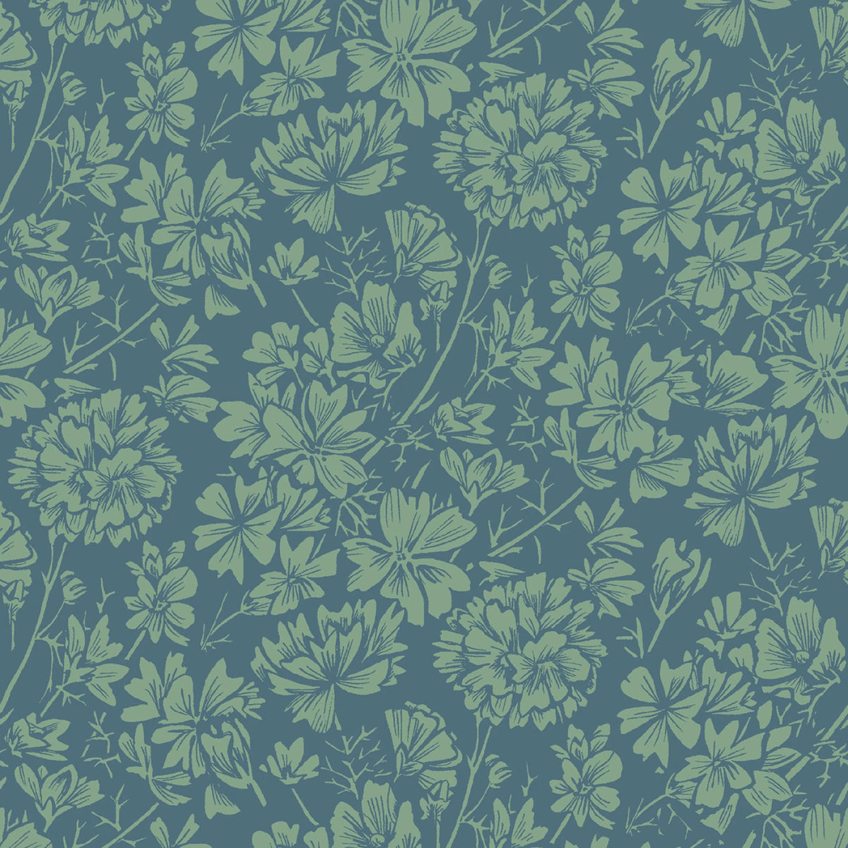 Cottage Flowers - Navy/Green Mallow